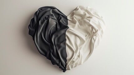 still life photo of a heart made of fabric half white and half black, on a white background