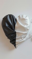 still life photo of a heart made of fabric half white and half black, on a white background