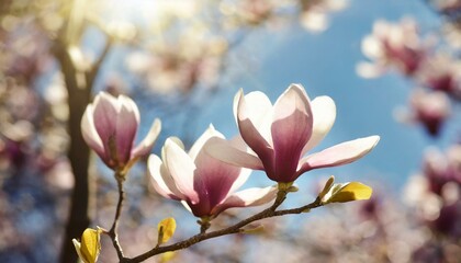 Blooming magnolia tree in the spring sun rays. Selective focus. Copy space. Easter, blossom spring, sunny woman day concep