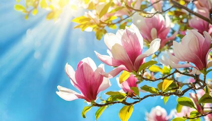 Obraz premium Blooming magnolia tree in the spring sun rays. Selective focus. Copy space. Easter, blossom spring, sunny woman day concep