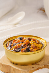 Special Chinese fast food minced pork and eggplant on simple background