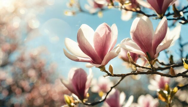  Blooming magnolia tree in the spring sun rays. Selective focus. Copy space. Easter, blossom spring, sunny woman day concep