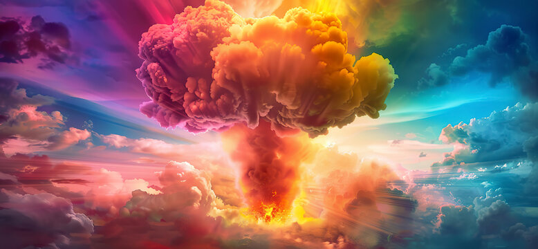 Abstract illustration of a powerful explosion of a Pride atomic bomb in rainbow colors. Colorful explosion background in daylight.