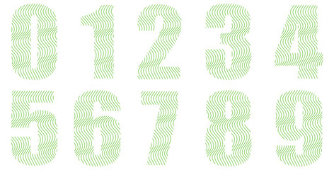 Set of numbers isolated on white. Alphabet with numbers. Vector graphic elements for design. Waves and lines. Green color. Colorful