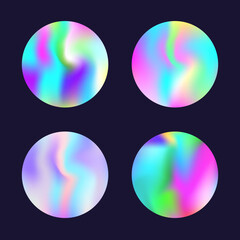 Gradient round set with holographic mesh. Abstract hologram. Neon gradient round set. Minimalistic 90s, 80s retro style graphic template for flyer, poster, banner, mobile app.
