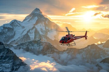 A helicopter flying over mount Everest on sunrise - Powered by Adobe
