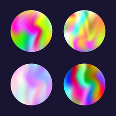 Holographic abstract backgrounds set. Gradient hologram. Plastic holographic backdrop. Minimalistic 90s, 80s retro style graphic template for flyer, poster, banner, mobile app.