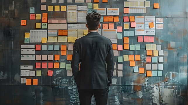 Business professional reviewing schedule on wall with notes for productivity boost. Concept Work Schedule Organization, Productivity Tips, Time Management Strategies, Business Planning