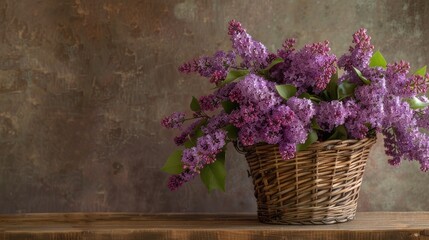 Showcase freshly cut flowers of lilac in a wicker basket, capturing the beauty of garden-to-basket freshness.