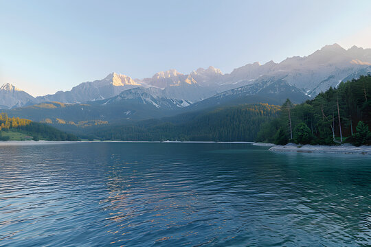 impressive summer sunrise on eibsee lake with zugspitze mountain range sunny outdoor scene in german alps bavaria germany europe beauty of nature concept background