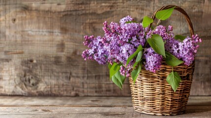 Showcase freshly cut flowers of lilac in a wicker basket, capturing the beauty of garden-to-basket freshness.