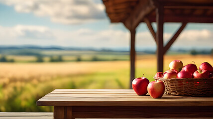 Close up of freshly harvested organic red apple basket on a wooden table at a rural apple farm field. Apple garden. Autumn and harvest concept. National Apple Day October 21