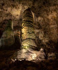 Giant Column With Green Highlights In Carlsbad Caverns