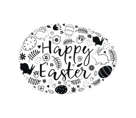 Easter Egg from Easter elements. Easter bunnies, eggs, flowers, hearts, leaves. Happy Easter Greeting Card template. Abstract design. Antistress coloring page. Vector illustration in black and white