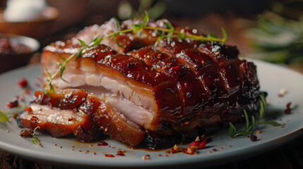 Succulent roasted pork belly on ceramic plate - obrazy, fototapety, plakaty
