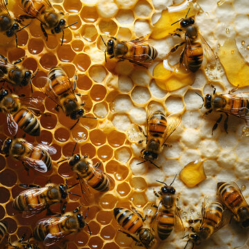 Background filled with honey and bees