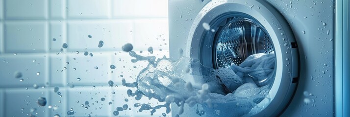 Front-loading washing machine with suds and water - A modern washing machine with suds flowing out during the wash cycle, conveying a sense of cleanliness and technology - obrazy, fototapety, plakaty