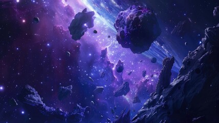 Floating Asteroids in a Purple Hued Galaxy - An awe-inspiring depiction of various sizes of asteroids against a backdrop of a purple-hued starry galaxy - obrazy, fototapety, plakaty