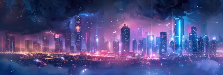 Futuristic cityscape with neon glow at night - The artwork presents a neon-lit futuristic skyline with clouds and stars adding to the dreamy nocturnal cityscape