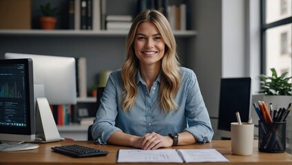 woman at desk with computer, smile and email, job report or article at digital agency, Internet, research and happy businesswoman at tech startup with online review - obrazy, fototapety, plakaty