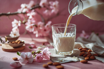 Flavored almond milk being poured into crystal glass on a pink background adorned with cherry blossoms. Food and drinks concept. Cafe menu design.