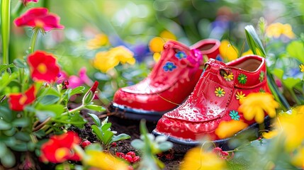 red child garden shoes with spring flowers, perfect for outdoor play and gardening adventures.