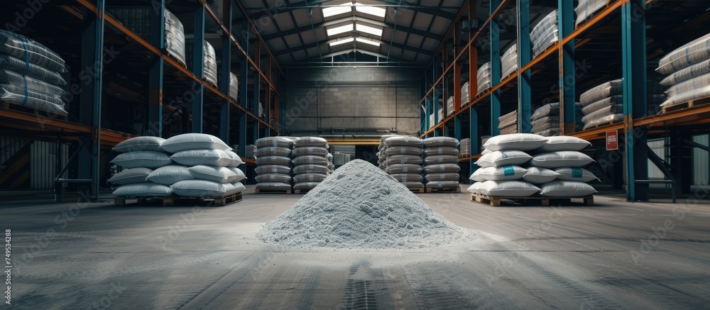 Poster A warehouse is filled with pallets stacked high with white sand, creating a vast expanse of the material. The sand is neatly organized and ready for use in production or construction projects.