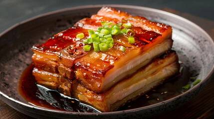 Succulent sliced pork belly on ceramic plate