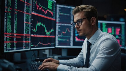 Young Handsome Stock Exchange Broker Working on Computer, Researching Real-Time Stocks Data, Analyzing Commodities and Exchange Market Charts. Professional Investment Agent in Office