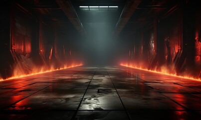 Naklejka premium Magical dark corridor with fire and occult walls background. Demonic 3d tunnel in ancient dungeon with lines of burning fires and mystical light from ceiling