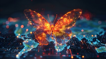 Digital butterfly on world map symbolizes successful startup or business transformation. Concept Startups, Business Transformation, Digital Butterfly, World Map, Symbolism - obrazy, fototapety, plakaty