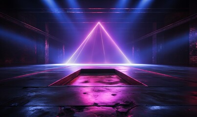 Mystical neon hall with pyramid hologram background. Gothic 3d blank stone purple room in magical ruins with backlight and rays of light from ceiling - obrazy, fototapety, plakaty