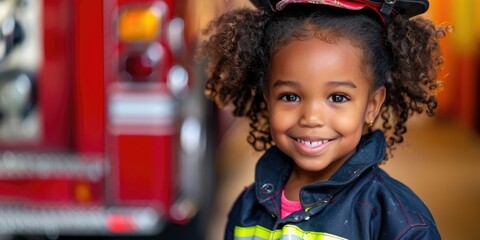 International Firefighters Day, portrait of an African-American child girl in a firefighter costume, fire trucks in a fire station, the concept of choosing a profession