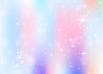 Obraz premium Magic background with rainbow mesh. Kawaii universe banner in princess colors. Fantasy gradient backdrop with hologram. Holographic magic background with fairy sparkles, stars and blurs.