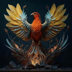 Fototapeta premium Illustration of a flaming phoenix bird on a dark background.