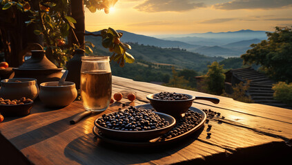 Coffee cup with coffee beans on the wooden table with beautiful sunset in background