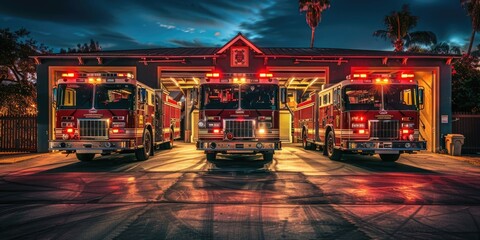 International Firefighters Day, fire trucks on the background of a fire station, the concept of dangerous and risky professions - obrazy, fototapety, plakaty