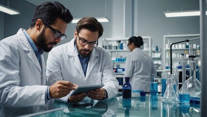 Science, teamwork and scientist with tablet in laboratory for communication, pharmaceutical review or planning, Employees, collaboration and technology for research, discussion and digital analysis