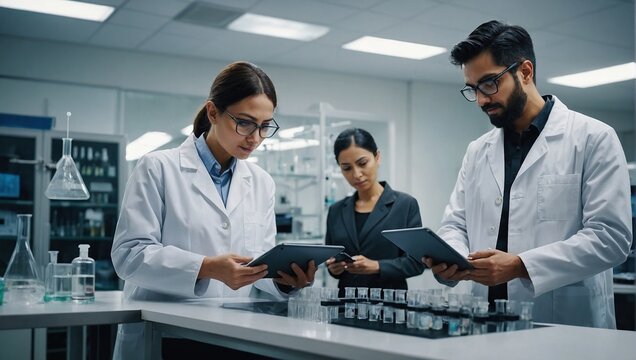 Science, teamwork and scientist with tablet in laboratory for communication, pharmaceutical review or planning, Employees, collaboration and technology for research, discussion and digital analysis