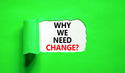 Why we need change symbol. Concept words Why we need change on beautiful white paper. Beautiful green background. Business and why we need change concept. Copy space.