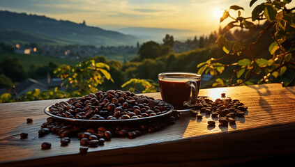 Coffee cup with coffee beans on a wooden table with a natural background