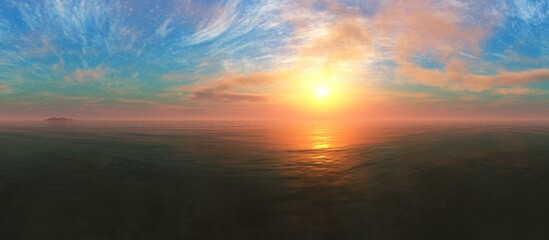 Panorama of sea sunset, ocean sunrise, seascape, 3d rendering
