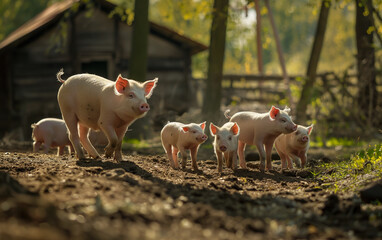 Pig family in countryside farm. Generative AI