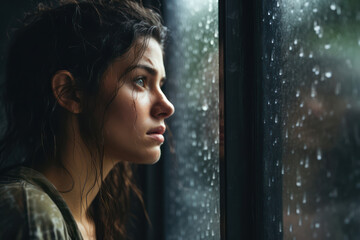 Fototapeta premium Reflective Solitude: A Depressed Young Female in Melancholy, Staring Out of the Rainy Window, Contemplating Life and Longing for Escape