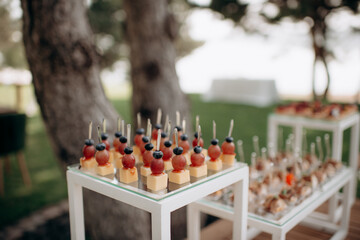 Food, a beautifully decorated catering banquet table with a variety of appetizers with cheese, ham,...