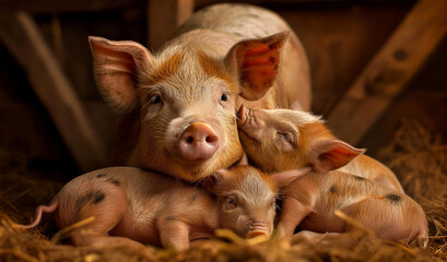Pig family in farm. Generative AI - obrazy, fototapety, plakaty