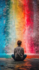 A person is sitting cross-legged on the ground with their back to the camera. They are facing a textured wall that is painted with vibrant streaks of color, transitioning from blue and green on the le - obrazy, fototapety, plakaty