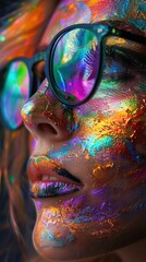 Close-up of a person's face with their skin covered in vibrant, multicolored paint. The individual is wearing large black-rimmed glasses with reflective lenses that show iridescent colors. Their eyela