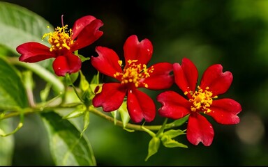 Red flowers of zinnia elegans on a green background.