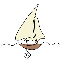 Abstract color boat with heart as line drawing on white